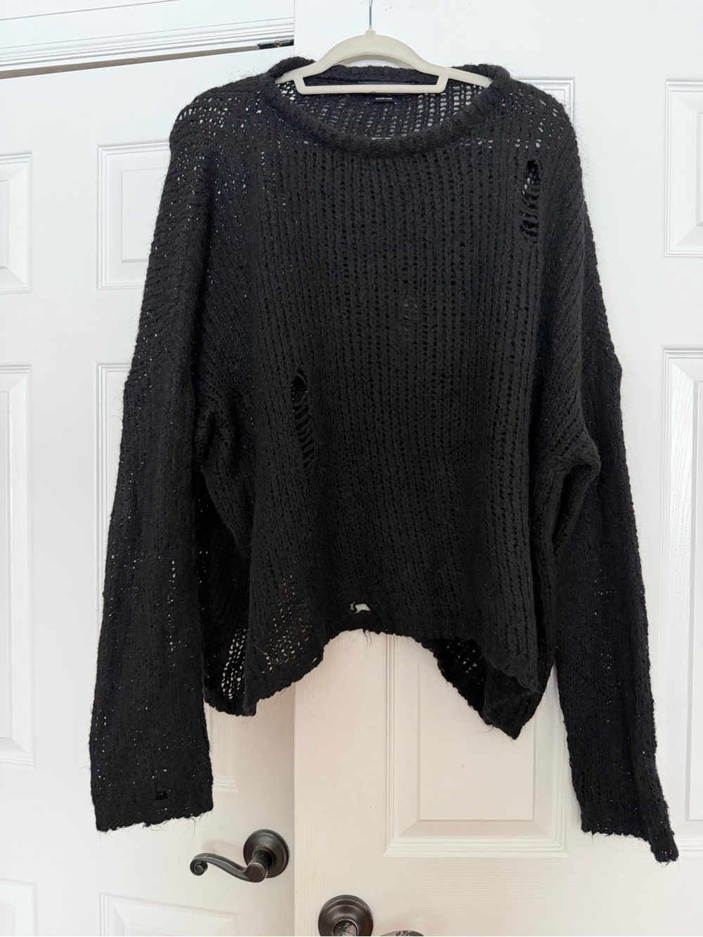 Zara Black Distressed Open-Knit Crewneck Sweater